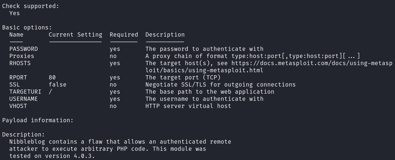 Metasploit module options