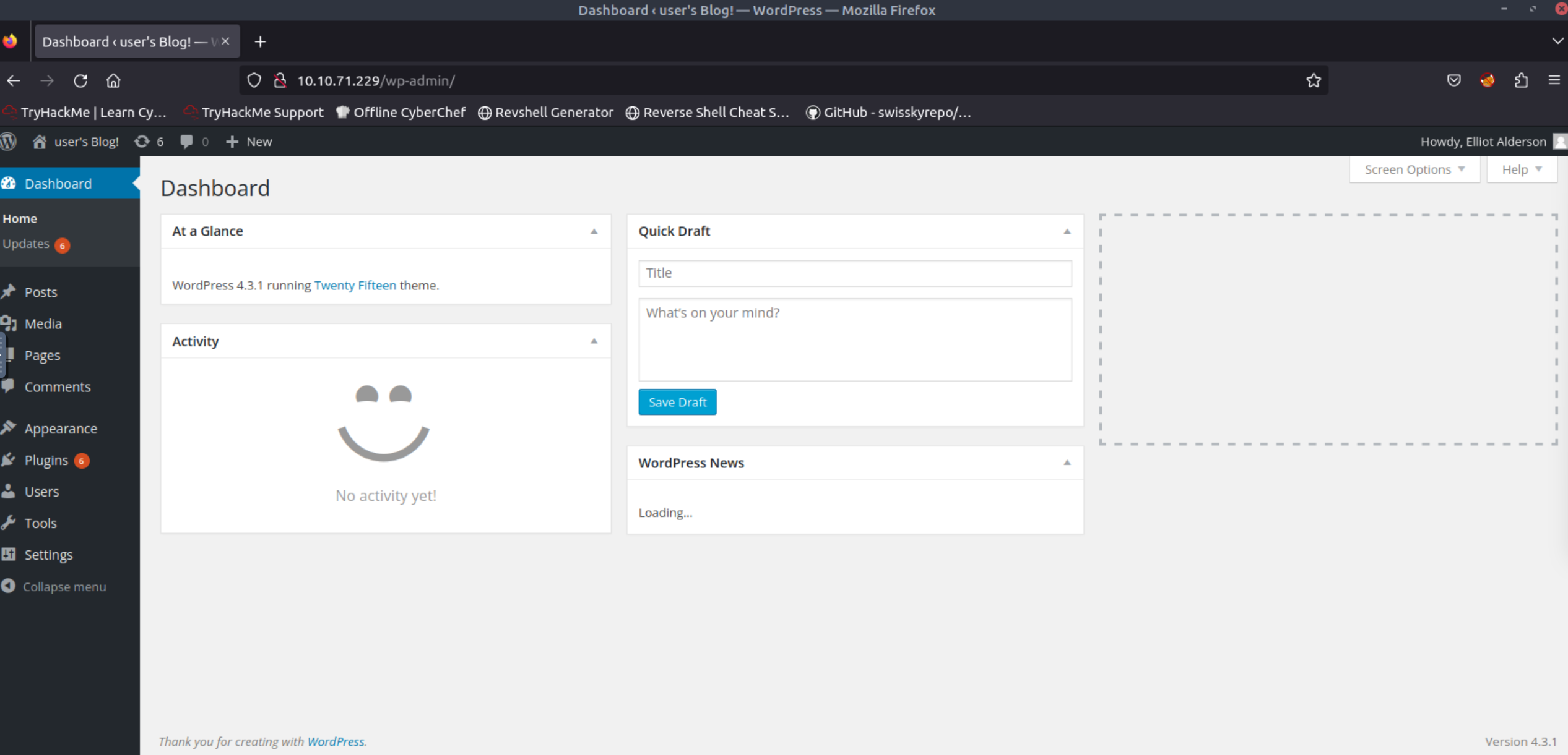 Logged in as Elliot Alderson at the WordPress dashboard.