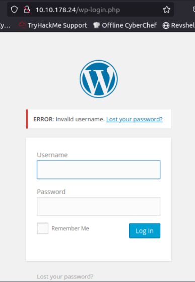 WordPress error message when trying to login with an invalid username.